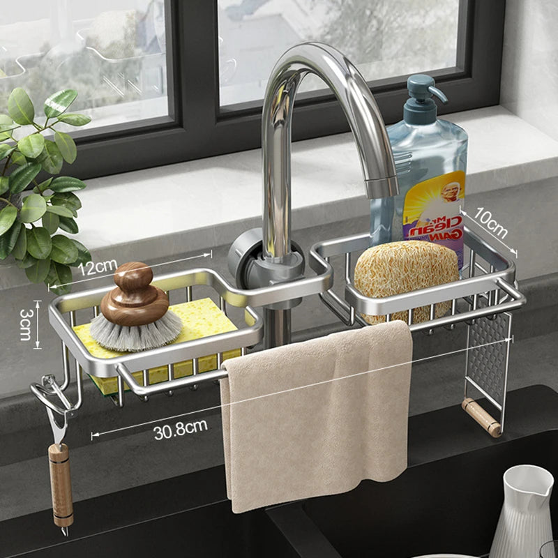 Küche Raum Aluminium Waschbecken Abfluss Rack Schwamm Lagerung Wasserhahn Halter Seife Abtropffläche Regal Korb Organizer Bad Zubehör
