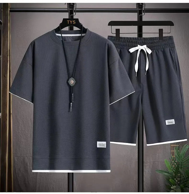 Waffel Herren Sommer Kurzarm und Shorts zweiteilige Sets Sport Casual Trainings anzug Männer bequeme coole Shorts übergroße Set