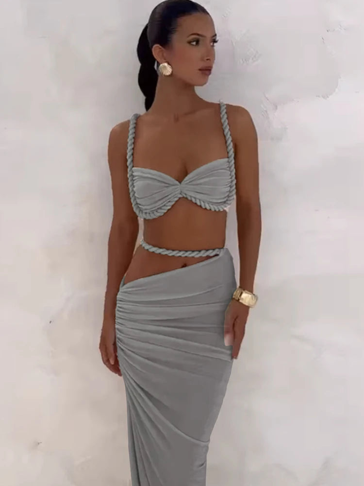 Weird Puss Bandage gerafftes 2-teiliges Set Damen-BH mit quadratischem Kragen + dünne lange Röcke 2025, Sommerurlaub, Strandparty, Trendanzüge
