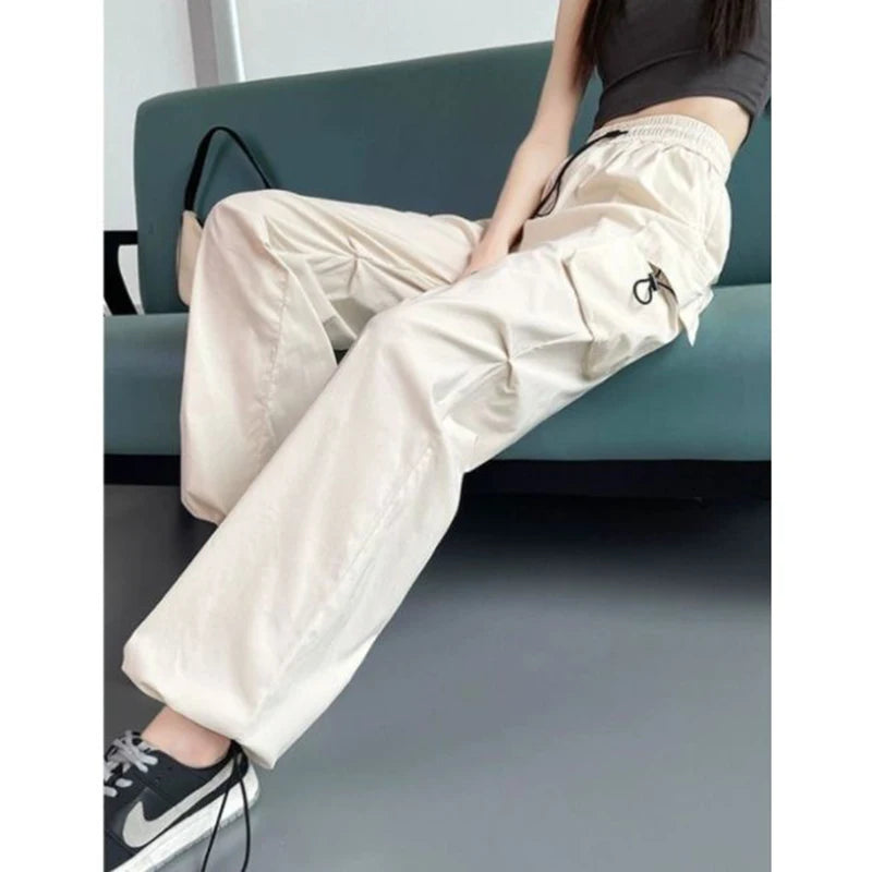 Große Größe Weibliche High Street Cargo Hosen Dame Baggy Hohe Taille Gerade Bein Hosen Mädchen Klassische Mode Kordelzug Hosen