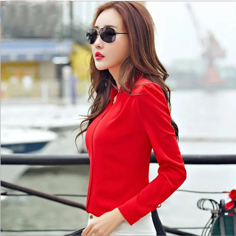 Langarm-shirt Frauen Herbst Kleidung Mode Schlanke Bluse V-ausschnitt Koreanische Elegante Damen Büro Shirts Weiß Rot