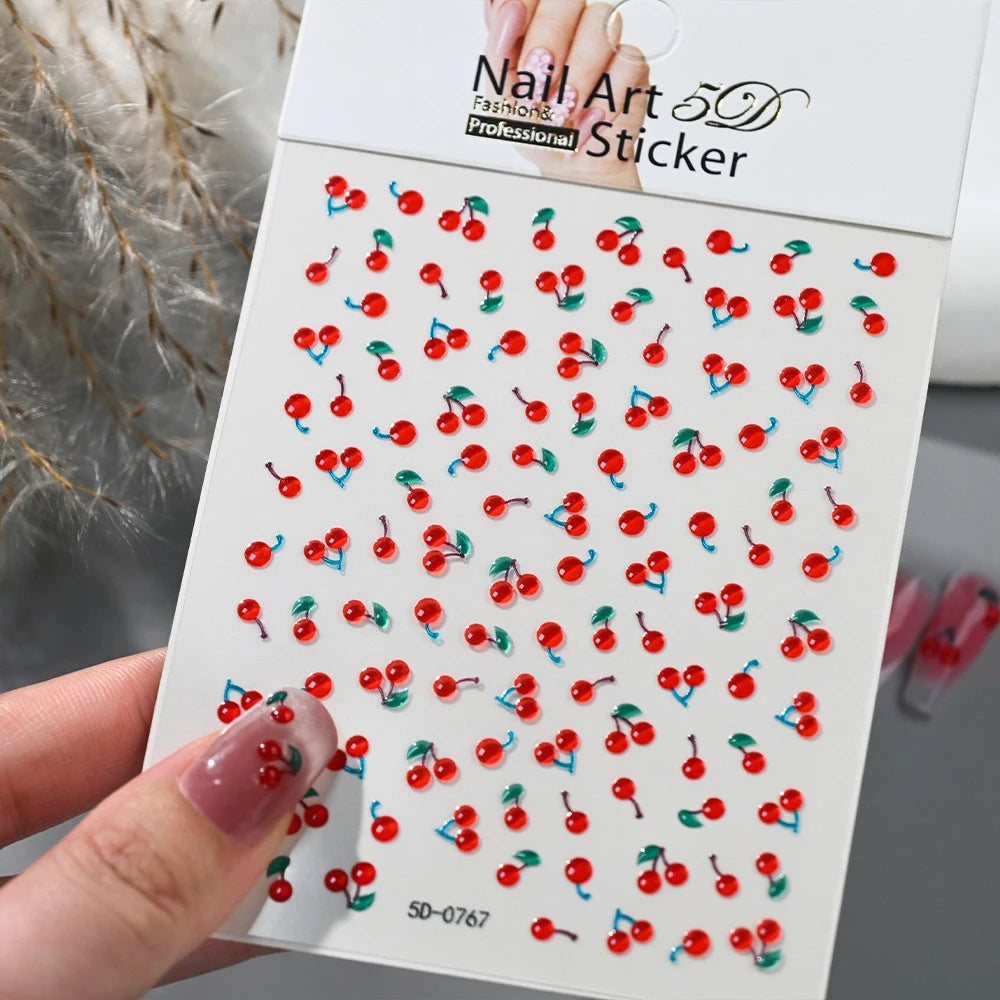 5D Frische Kirschblüten Nagelaufkleber Geprägte Frühlings-Blumen- und Fruchtdesigns DIY Süße Maniküre-Dekorationen