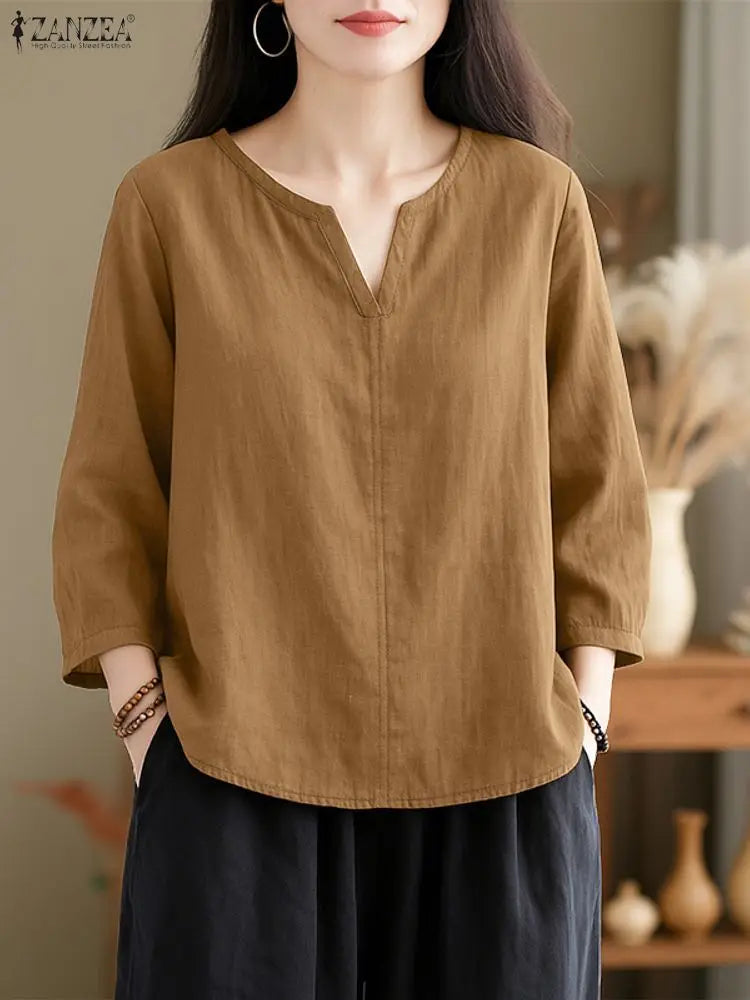 2025ZANZEA Herbst Bluse Frauen V-ausschnitt Langarm Tops Casual Solide Lose Hemd Weibliche OL Arbeit Blusen Retro Tunika Blusas Mujer