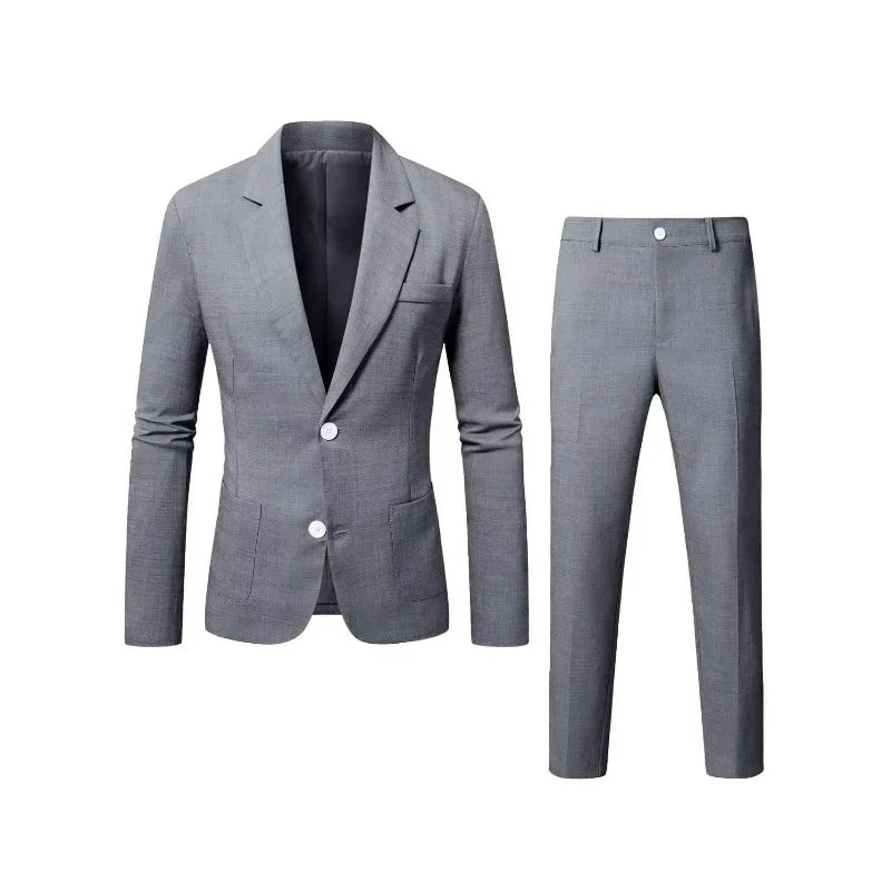 KIDWHXR Herren 2-teiliges Hochzeits-Set Koreanischer Einfarbiger Einreihiger Blazer mit Taschen Gerade Geschnittene Hose Schlanker Casual Anzug Outfit