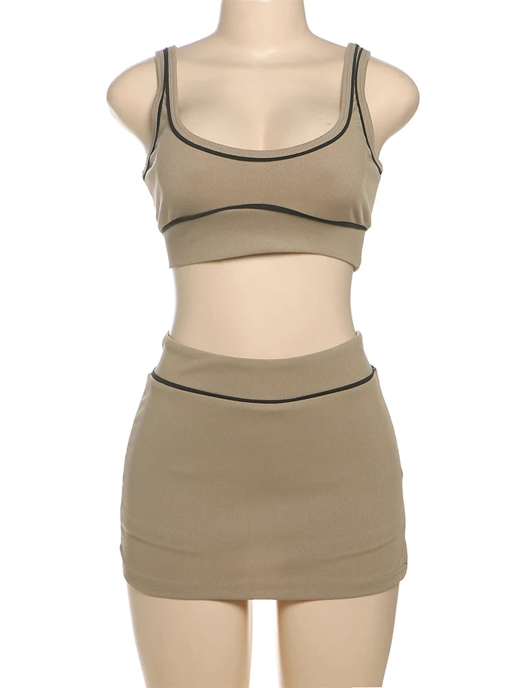 Nibber Skinny geripptes 2-teiliges Set für Damen, schwarze String, rückenfreie Tanktops + seitlich geteilte Shorts, Rock, 2022, Sommertrend, passende Anzüge
