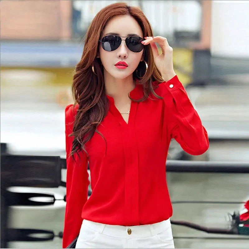 Langarm-shirt Frauen Herbst Kleidung Mode Schlanke Bluse V-ausschnitt Koreanische Elegante Damen Büro Shirts Weiß Rot