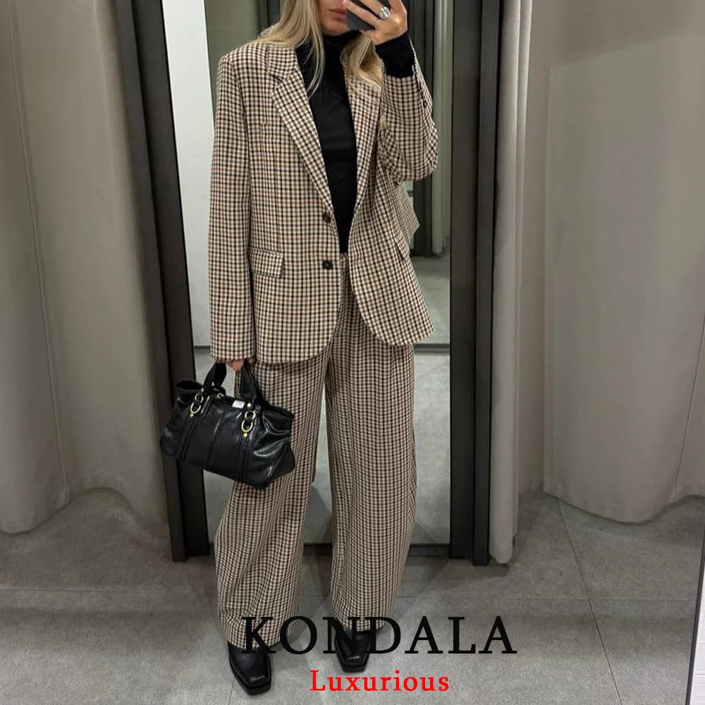 KONDALA Casual Chic Büro Dame Frauen Anzug Plaid Taste Langarm Blazer Lange Gerade Hosen Mode 2025, Herbst Bussiness Set