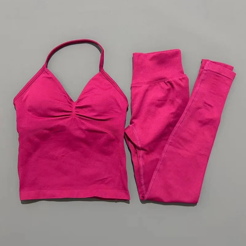 HISTELLO Gym-Leggings-Set, 2-teilig, für Damen, Yoga, lang, mit Trägern, nahtlos, Fitness-Kleidung, Laufen, Workout, Sport-Tops, Outfit