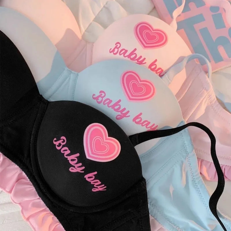 Kawaii Lolita Dessous Set Push-Up-BH, kabelloses gepolstertes Bralette für kleine Brust, süßes BH- und Höschenset im Barbie-Puppenstil MOYISU