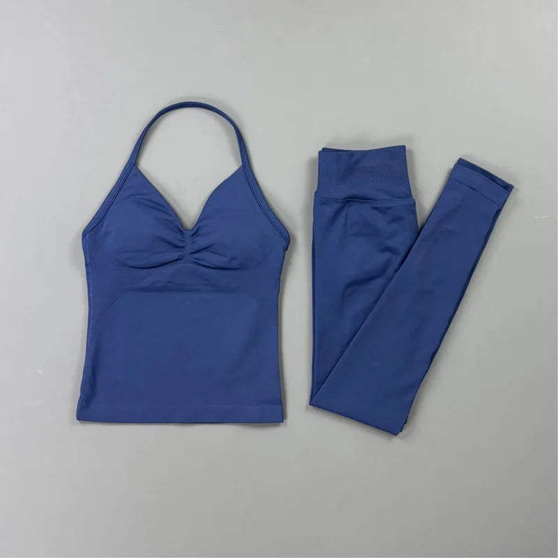 HISTELLO Gym-Leggings-Set, 2-teilig, für Damen, Yoga, lang, mit Trägern, nahtlos, Fitness-Kleidung, Laufen, Workout, Sport-Tops, Outfit