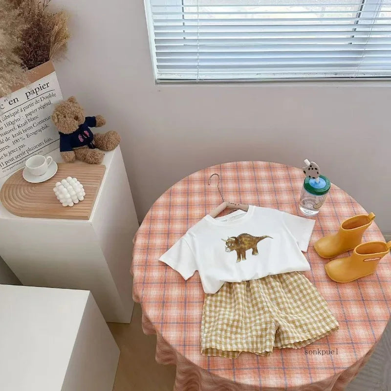 2Pcs Baby Kleidung Set Neugeborenen Jungen Casual Dinosaurier Druck Kurzarm T-shirt + karierten Shorts Kleinkind Mädchen Sommer Kinder outfit Set