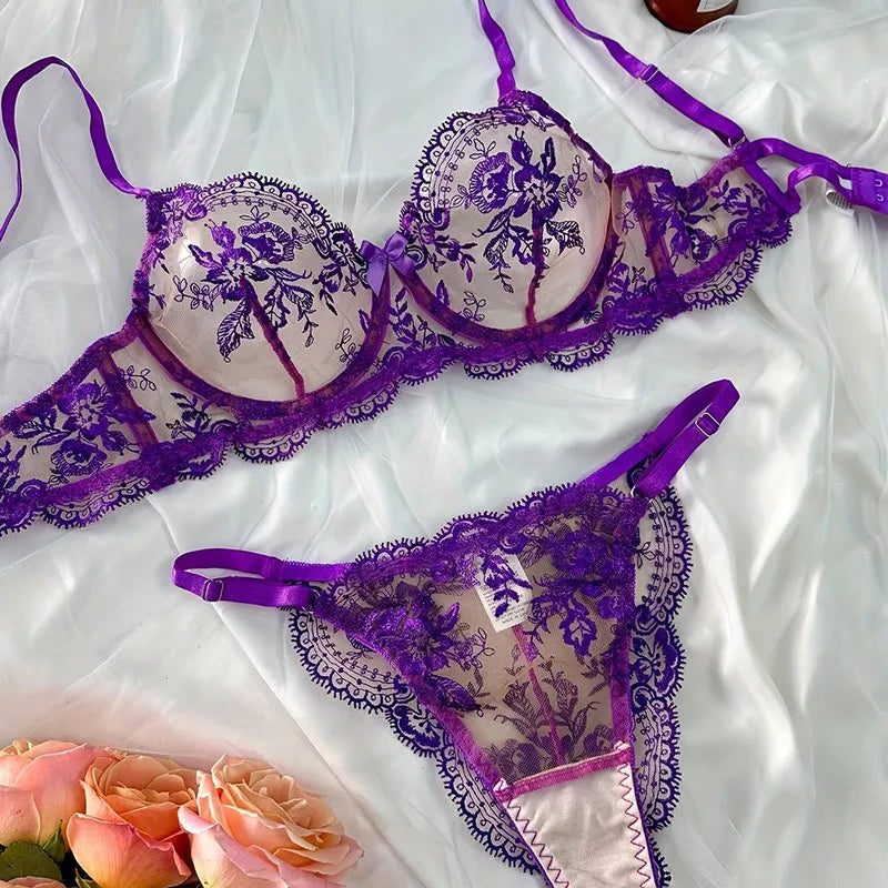 Spitzen-Stickerei-BH-Set mit ultradünnen Cups, transparente Mesh-Nachtwäsche für Frauen mit großer Oberweite, S-XL, Push-up, 32-38