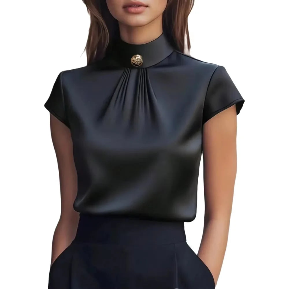 Damen Satin-Bluse mit Hohem Kragen, Kurzen Ärmeln, Plissiertem Knopfverschluss, Figurbetontes Elegantes Damenhemd für Frühling und Sommer, Büro-Oberteil