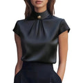 Damen Satin-Bluse mit Hohem Kragen, Kurzen Ärmeln, Plissiertem Knopfverschluss, Figurbetontes Elegantes Damenhemd für Frühling und Sommer, Büro-Oberteil