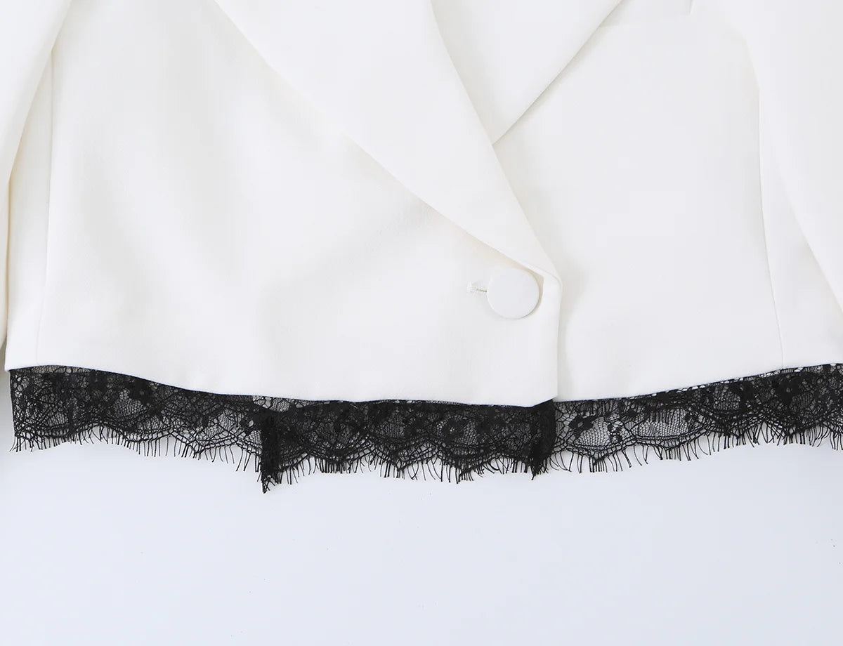 KONDALA Vintage Elegantes Damen-Frühlings-Set 2026: Kurzer Blazer mit Spitze und Reißverschlusstaschen + Schicke Freizeit-Shorts für Frauen