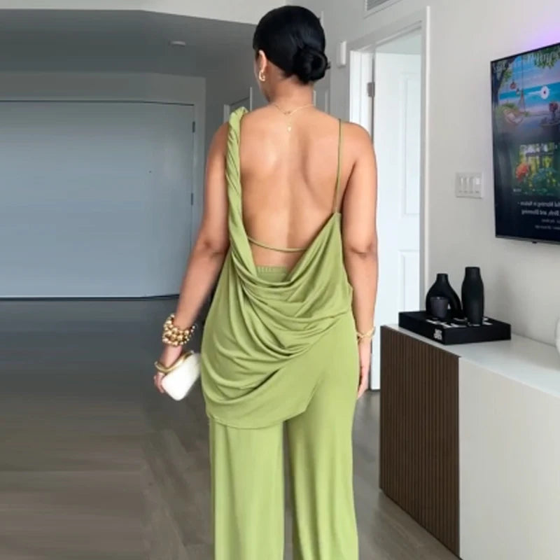 HXAO Grüne Hosen-Sets für Damen, zweiteiliges Set, gerüschtes, asymmetrisches Slip-Top, Anzug-Outfit, schickes, drapiertes Hosen-Set mit hoher Taille und weitem Bein