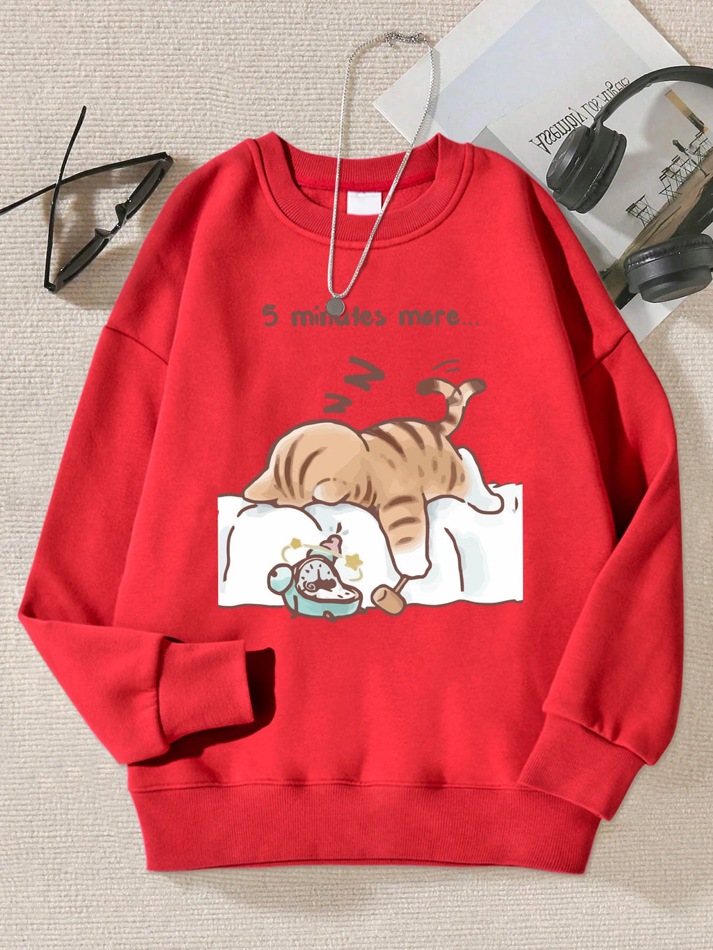 Die Katze, die immer zum Schlafen wünscht, Muster bedruckt, mit Kapuze, Damen, schlicht, warm, Herbst-Sweatshirt, Straße, lässig, Unisex-Pullover