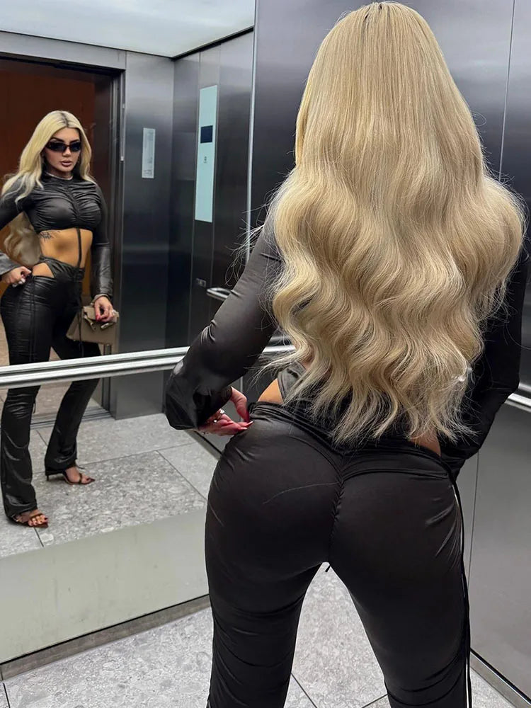 Nibber Mode 2 Stück Set Frau Geraffte Raffen Volle Hülse Crop Tops + Hohl Design Hohe Taille Lange Hose Faux leder Streetwear
