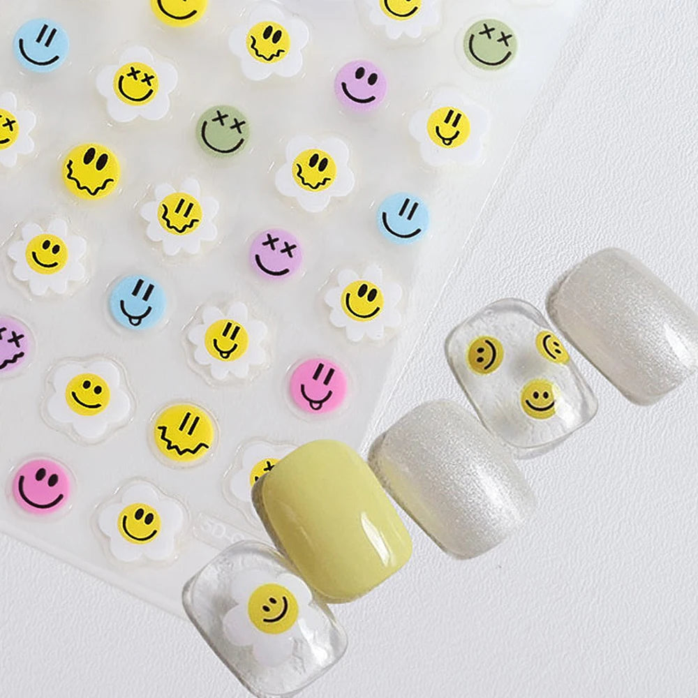 5D geprägte Lächeln Nail Art Aufkleber lustig/Lächelnde Sonnenblume Nail Art Aufkleber Kawaii Macaron selbstklebendes Design DIY glückliche Dekoration