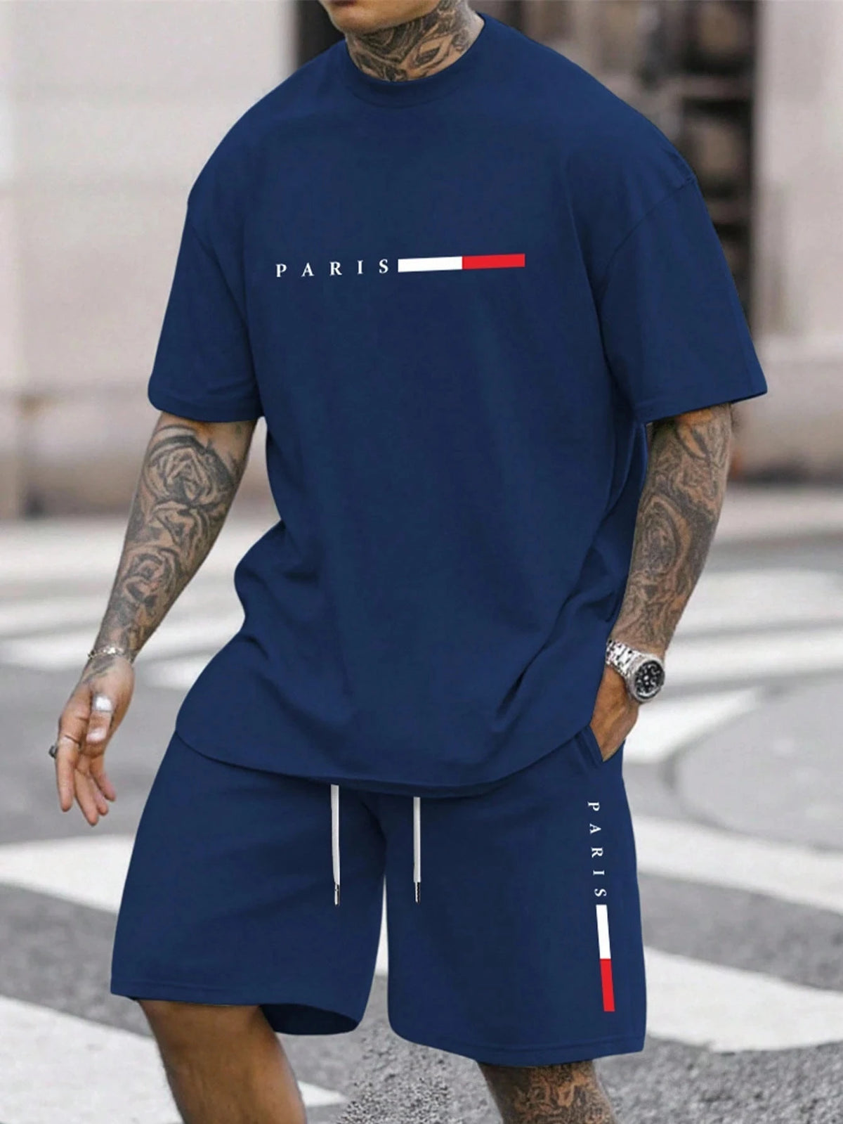 Paris-Buchstaben-Print Herren Frühling und Sommer Zweiteiler Set Lässiger Rundhals Kurzarm T-Shirt Shorts Sportanzug Bedruckte Kleidung
