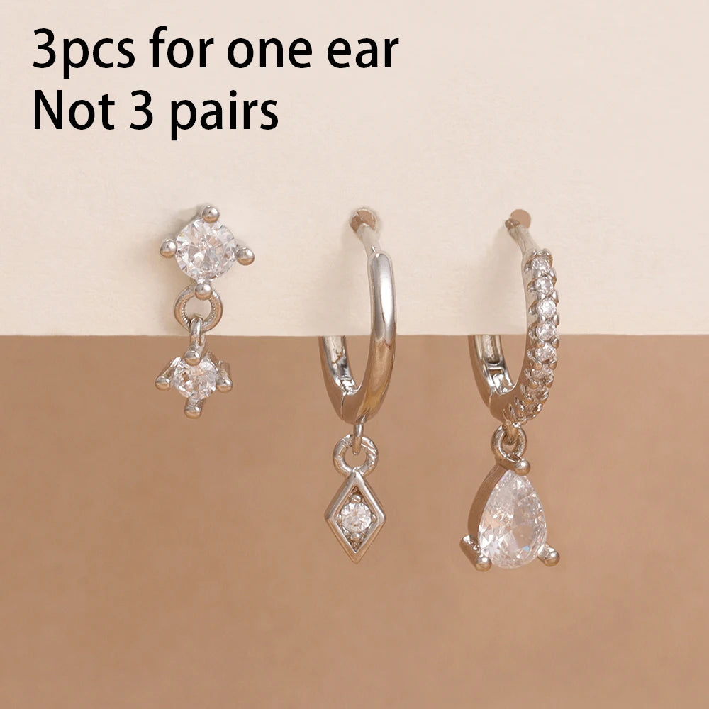 3PCS Neue Ankunft Französisch Design Edelstahl Kristall Mode Baumeln Ohrring Set Für Frauen Zirkon Anhänger Piercing Schmuck