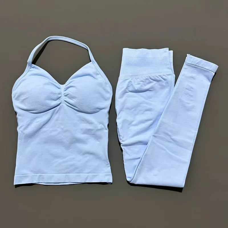 HISTELLO Gym-Leggings-Set, 2-teilig, für Damen, Yoga, lang, mit Trägern, nahtlos, Fitness-Kleidung, Laufen, Workout, Sport-Tops, Outfit