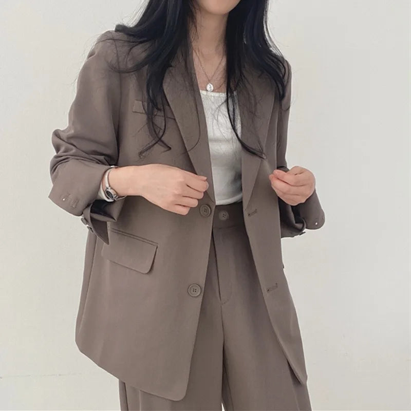 Koreanisches Damenmode-Zweiteiler-Set, Langarm-Blazer und weit geschnittene Hose, Büro, Freizeit, lockerer Schnitt, Frühling, Herbst, neuer Stil