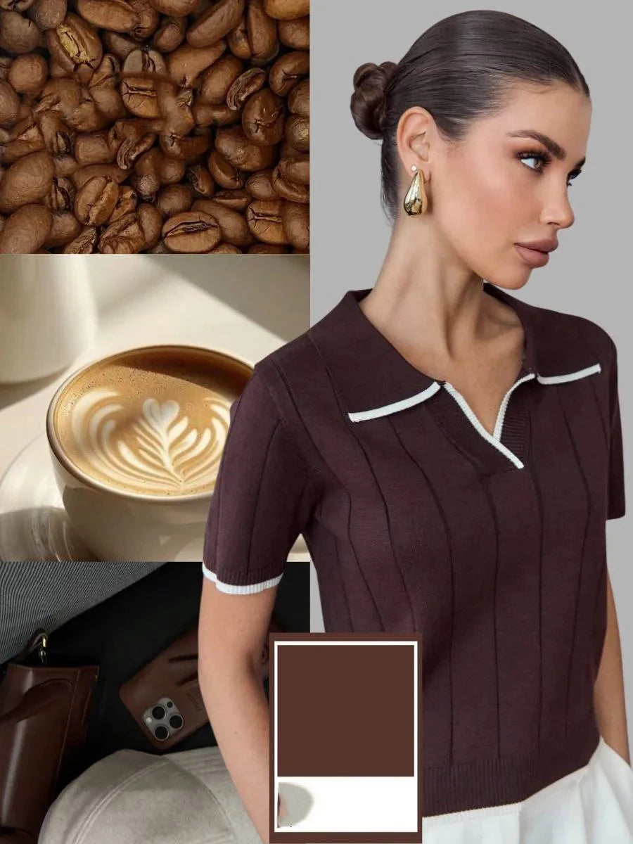 Braunes Kontrast-Poloshirt mit Weißer Einfassung für Damen Kurzarm V-Ausschnitt Slim Fit Lässige Strickware