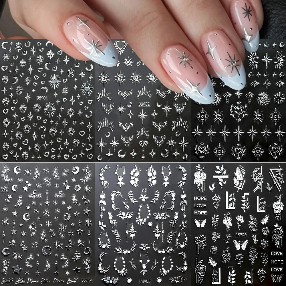 6 Stück 3D Blaue Herz-Nagelaufkleber Bronzierte Gold Silber Stern Mond Sonne Selbstklebende Slider Y2K Nagelkunst Abziehbilder Maniküre Dekoration