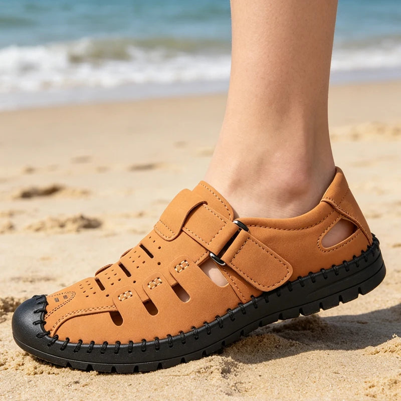 Herren Sommer-Halbschuhe aus Leder mit Lochmuster, atmungsaktiv, bequem, rutschfest, weiche Sohle, Outdoor-Freizeitschuhe - 1375