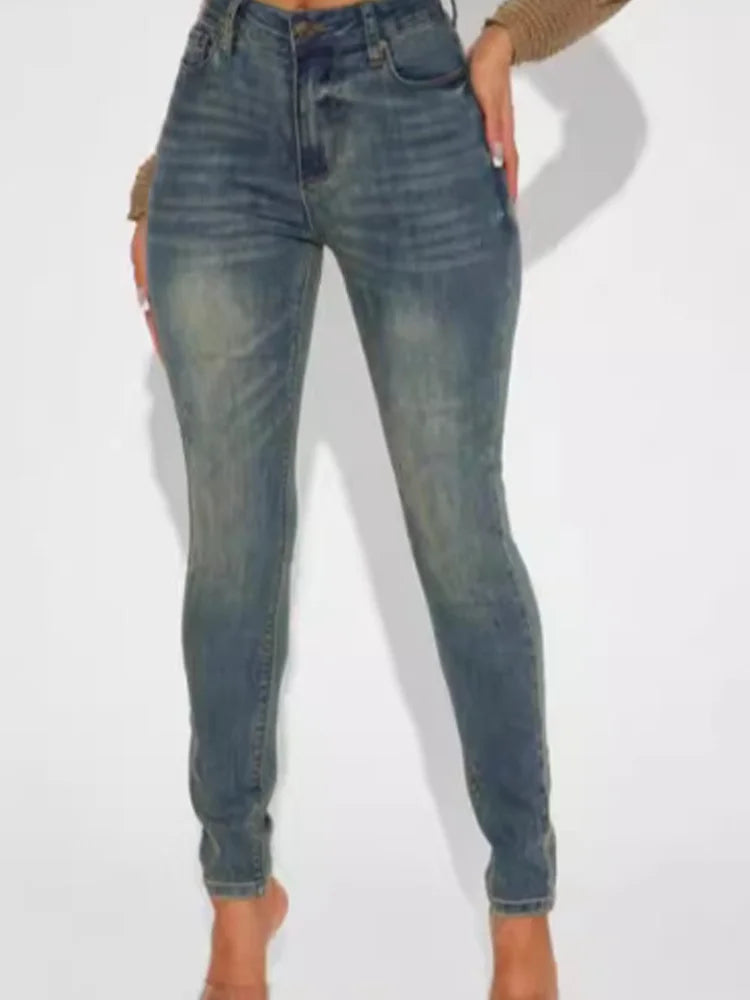 Hose mit mittlerer Taille, leicht elastisch, mit Taschen, schmale Passform, gerade Beine, Damen-Jeans im Street-Trend für den Alltag und Pendeln, Frühlings-Jeans