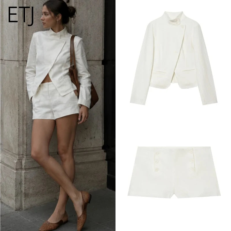 ETJ 2026 Neues Damen-Blazer-Shorts-Set mit hohem Kragen, asymmetrischer Knopfjacke, minimalistischem, maßgeschneidertem Co-Ord-Outfit