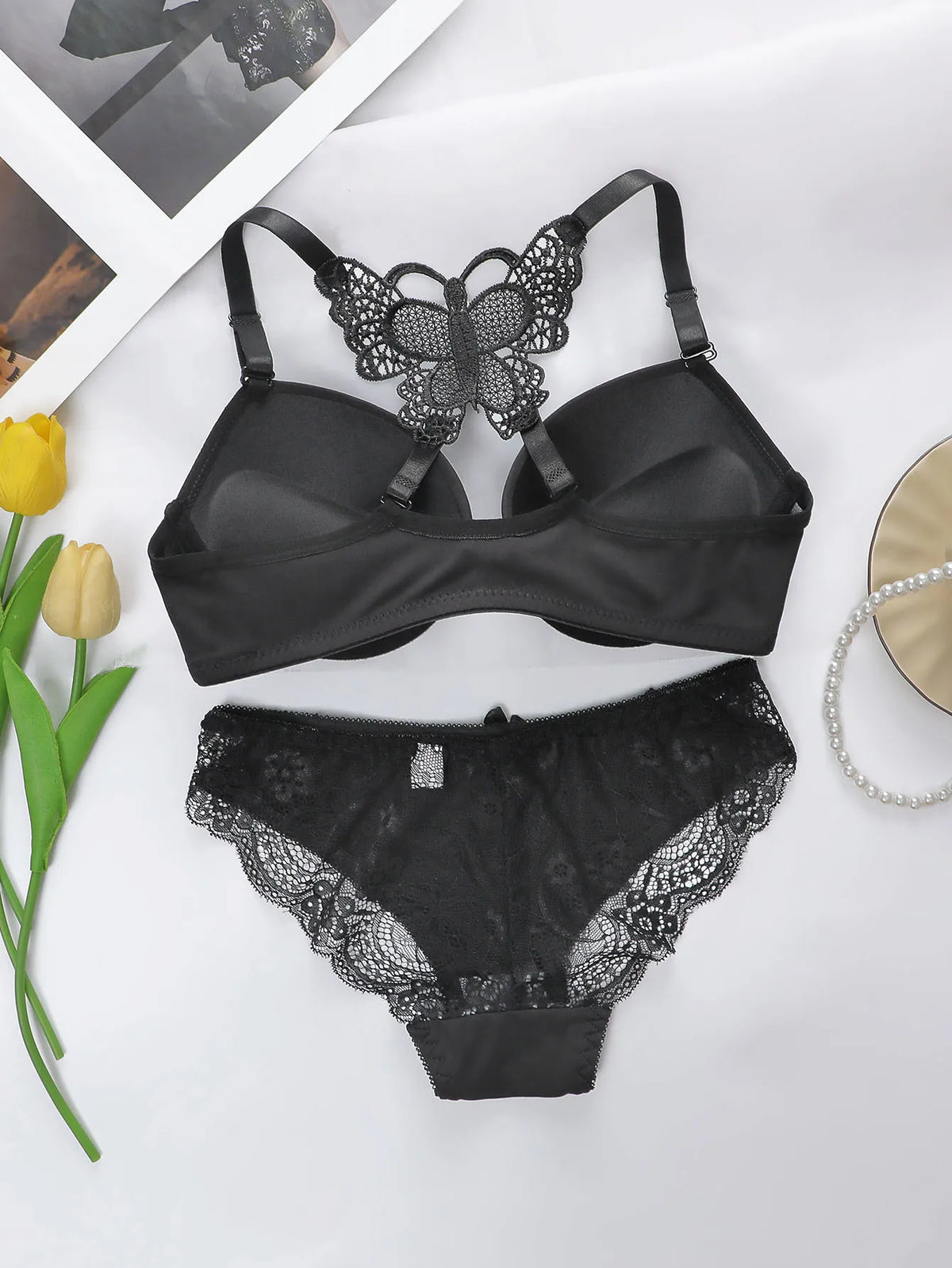 Sexy Spitzen-Set für Damen mit Schmetterlings-Design auf der Rückseite und BH mit Vorderverschluss und Stahlring, hübsches Unterwäsche-Höschen A2120