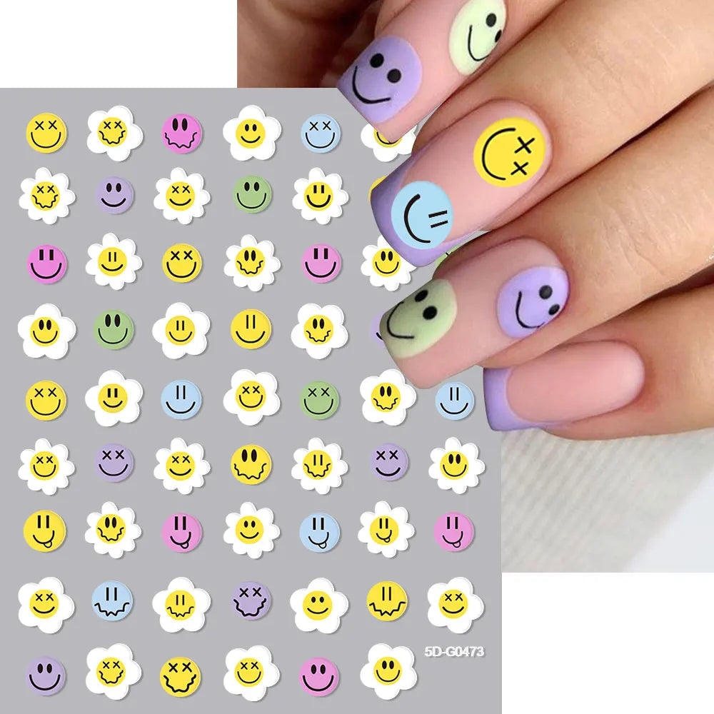 5D geprägte Lächeln Nail Art Aufkleber lustig/Lächelnde Sonnenblume Nail Art Aufkleber Kawaii Macaron selbstklebendes Design DIY glückliche Dekoration