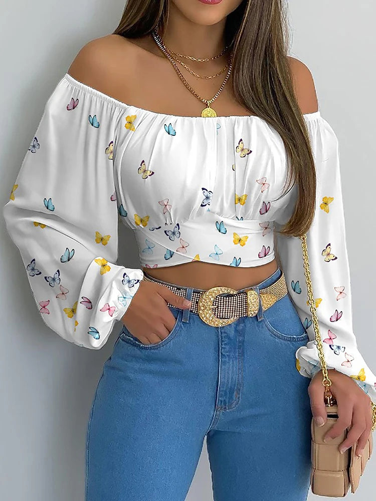 Frauen Elegante Boho Print Bluse Casual Lange Laterne Hülse Off Schulter Dünnes Hemd Weibliche Chic Gestellte Top Sommer Tuniken