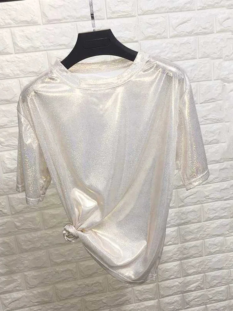 Neue sommer retro stilvolle helle seide frau tops glänzend lose kurzarm t-shirt sexy club ästhetischen harajuku frauen t-shirt