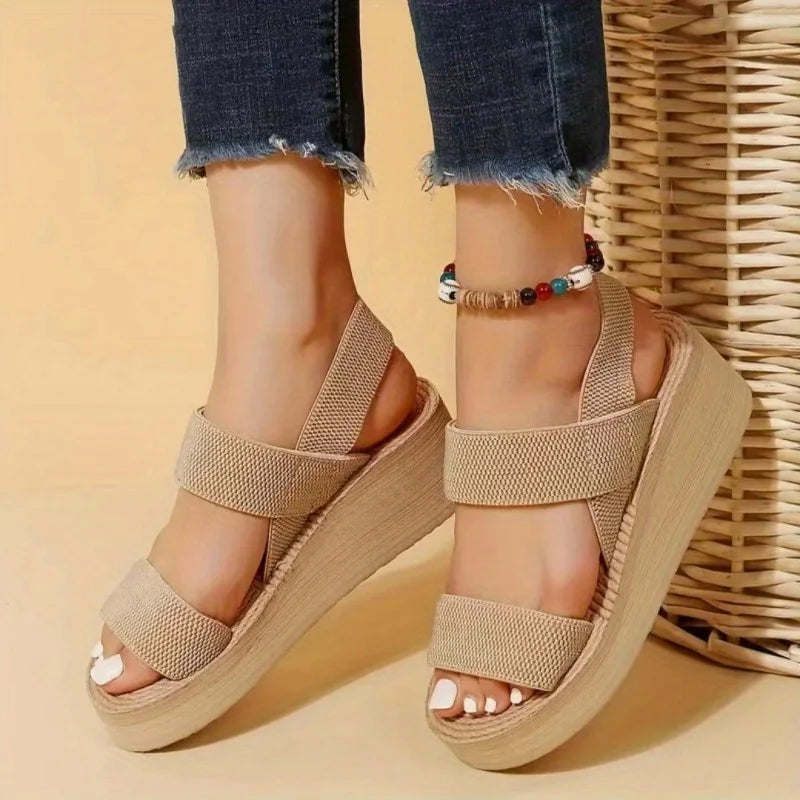 1 Paar Damen-Sandalen mit minimalistischem Keilabsatz, offener Zehenbereich, dicke Sohle, Plattform, lässige Sandalen, Knöchelriemen, Slingback-Sandalen, einfarbig