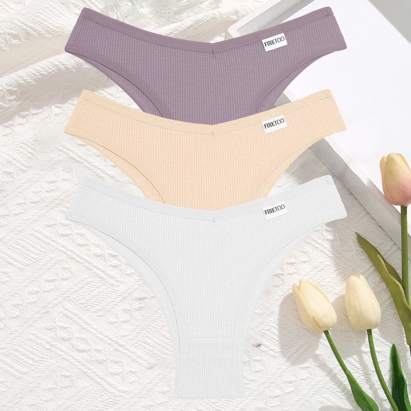 3 Teile/satz Frauen Sexy Waffel Plaid Baumwolle Brasilianische Höschen Niedrige Taille V Form Bikini Unterwäsche Weiche Atmungsaktive Weibliche Dessous