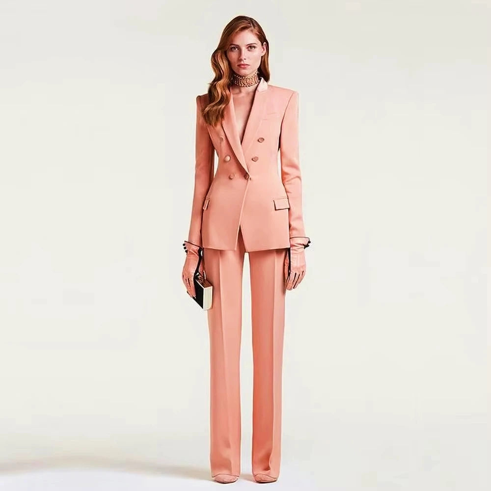 Elegantes, zweireihiges Blazer- und Hosen-Set für Damen, hochwertiger zweiteiliger Hosenanzug, Büro-Outfit, modische, passende Sets