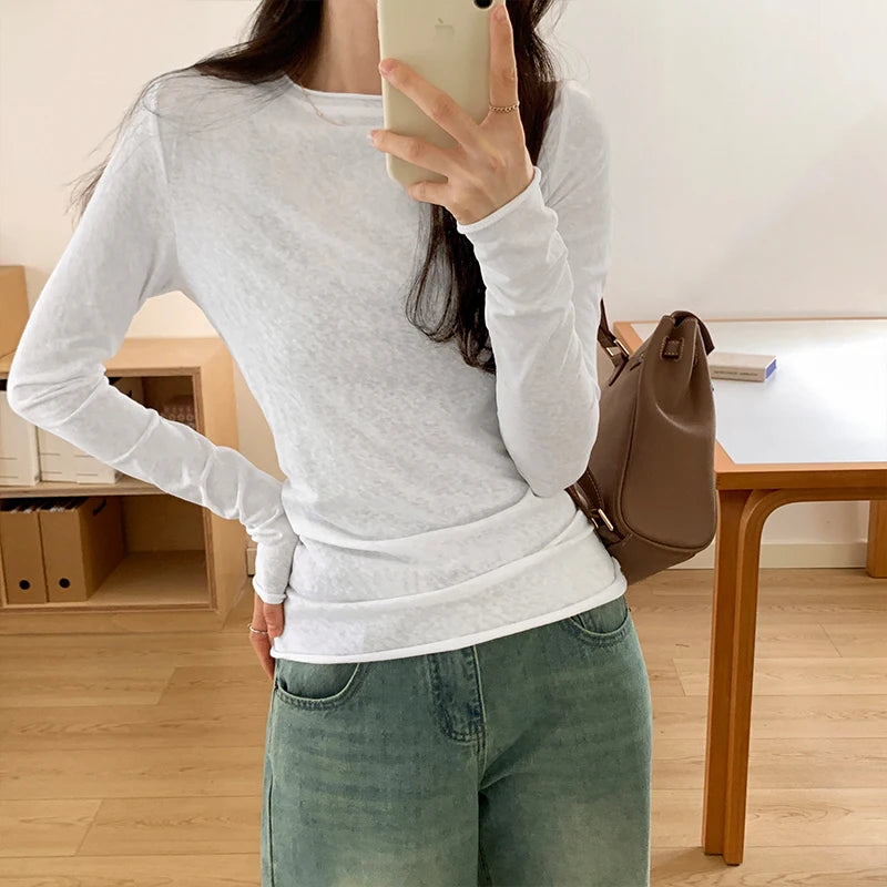 Frühling Herbst T shirt Frauen Tops Solide Langarm Geraffte O Neck T-shirts Weiblichen Koreanischen Casual Streetwear Hohe Qualität Basis Tees