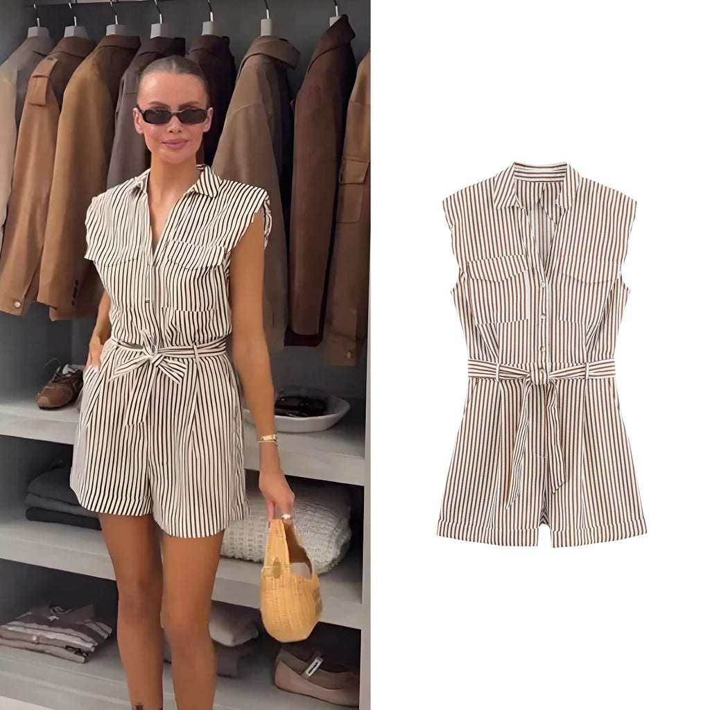 Eleganter gestreifter Damen-Shorts-Jumpsuit für den Sommer, ärmelloser, einreihiger Streetwear-Romper mit Gürtel