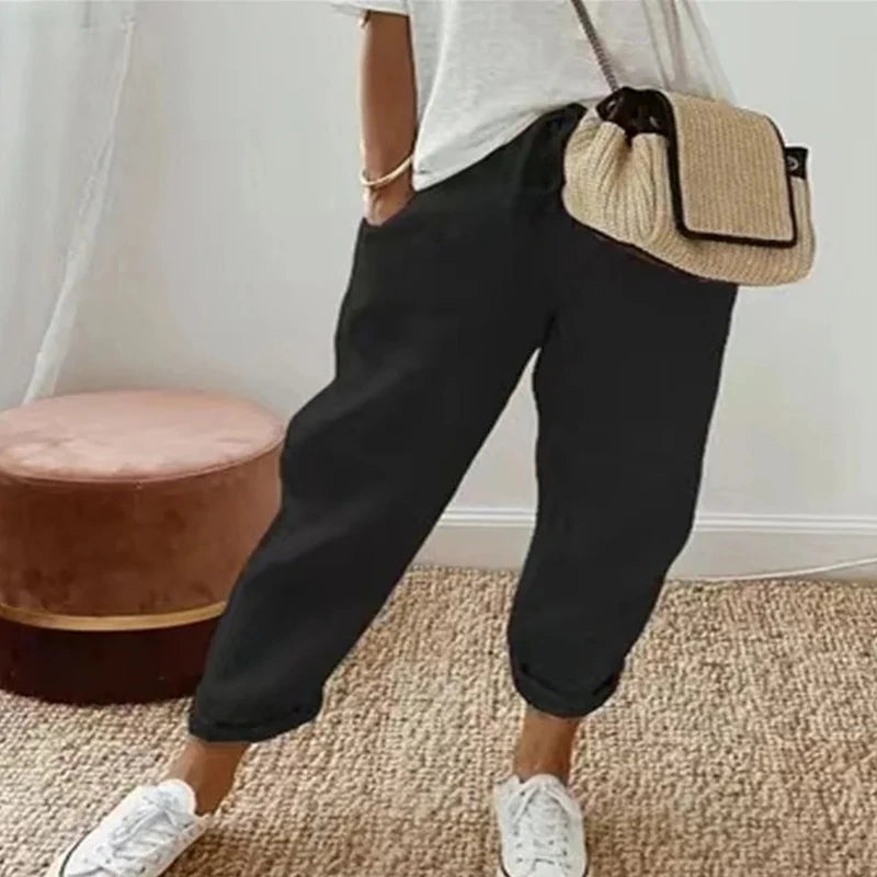 Einfarbig Kordelzug Elastische Taille Frauen Hosen Sommer Plus Größe Beiläufige Breite Bein Hosen Weibliche Lose Elegante Oversize Hosen