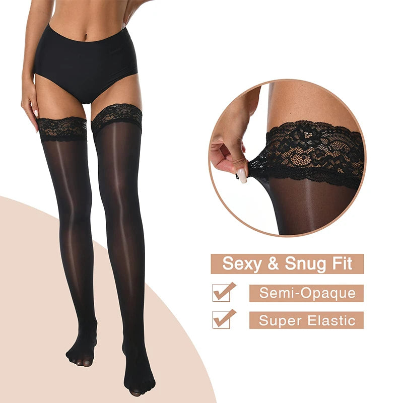 1 Paar glänzende seidige Strümpfe für Damen, Pferdeöl, hohe Strumpfhosen mit Silikon-Spitzenoberteil, Sommer, sexy elastische hohe Socken