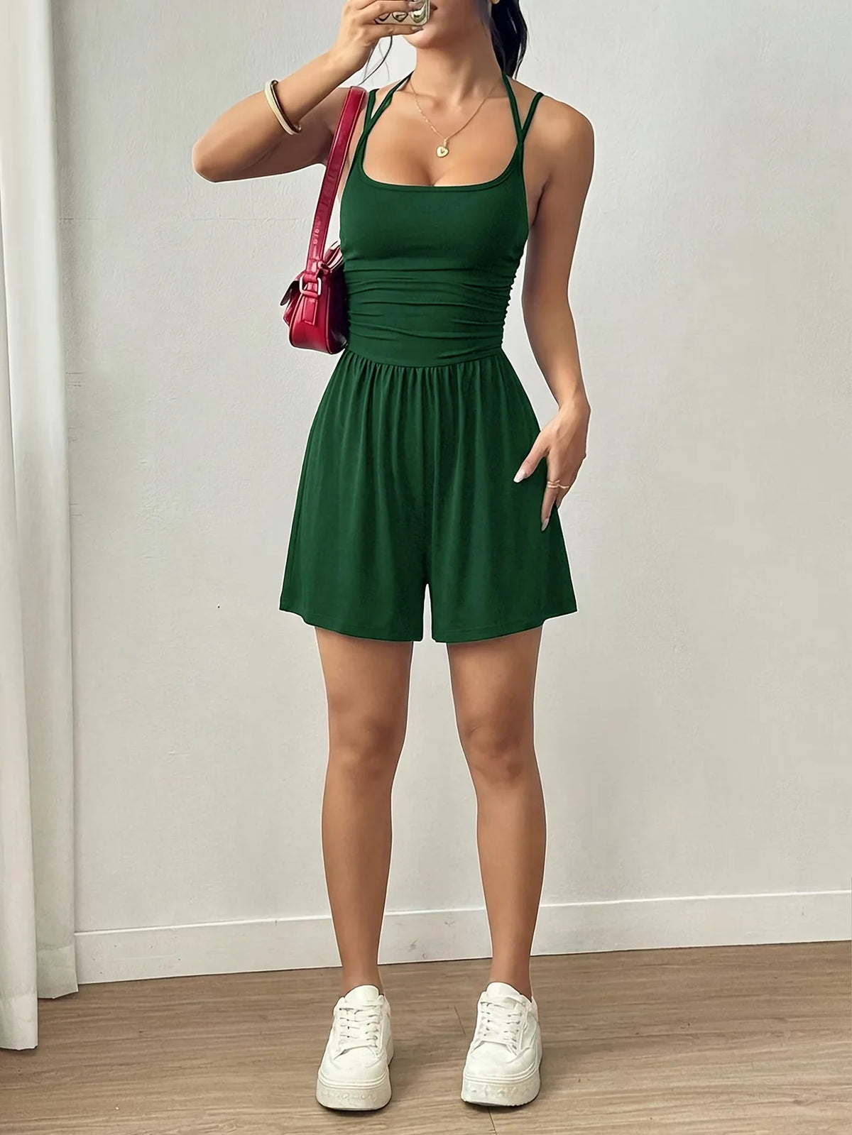 Damen Sommer Schwarz Lässiger Plissierter Lockerer Gerader Jumpsuit Ärmellos Hohe Taille Rückenfreier Overall Einfacher Trägeroverall