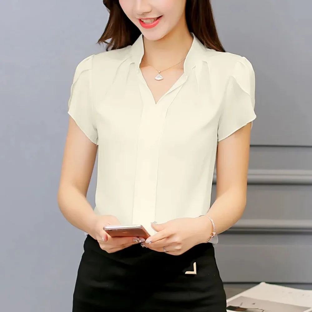 2024 frauen Hemd Chiffon Blusas Femininas Tops Kurzarm Elegante Damen Formale Büro Bluse Chiffon Hemd Kleidung