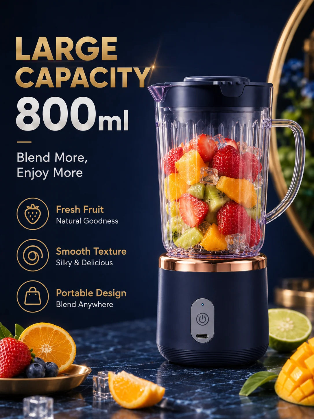 Lebensmittelechter 800ml kabelloser Mixer mit 1500mAh Akku, 6 Klingen, Fruchtentsafter-Becher, 30W tragbarer Smoothie-Mixer für Shakes und Getränke.