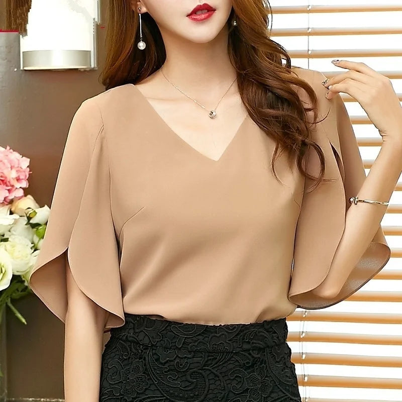 Frauen Chiffon Kurzarmhemd sexy V-Ausschnitt lose gekräuselte Chiffon Bluse.