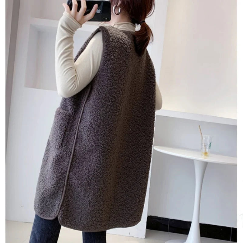 Frauen Herbst Winter Faux Lamm Pelz Weste Reine Weiche Taschen Taste Mid-länge Stil Weste Lose Beiläufige Fleece Strickjacke tücher
