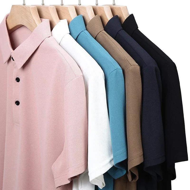 Neues lässiges Waffel-Kurzarm-Poloshirt für Herren, modisches einfarbiges Oberteil