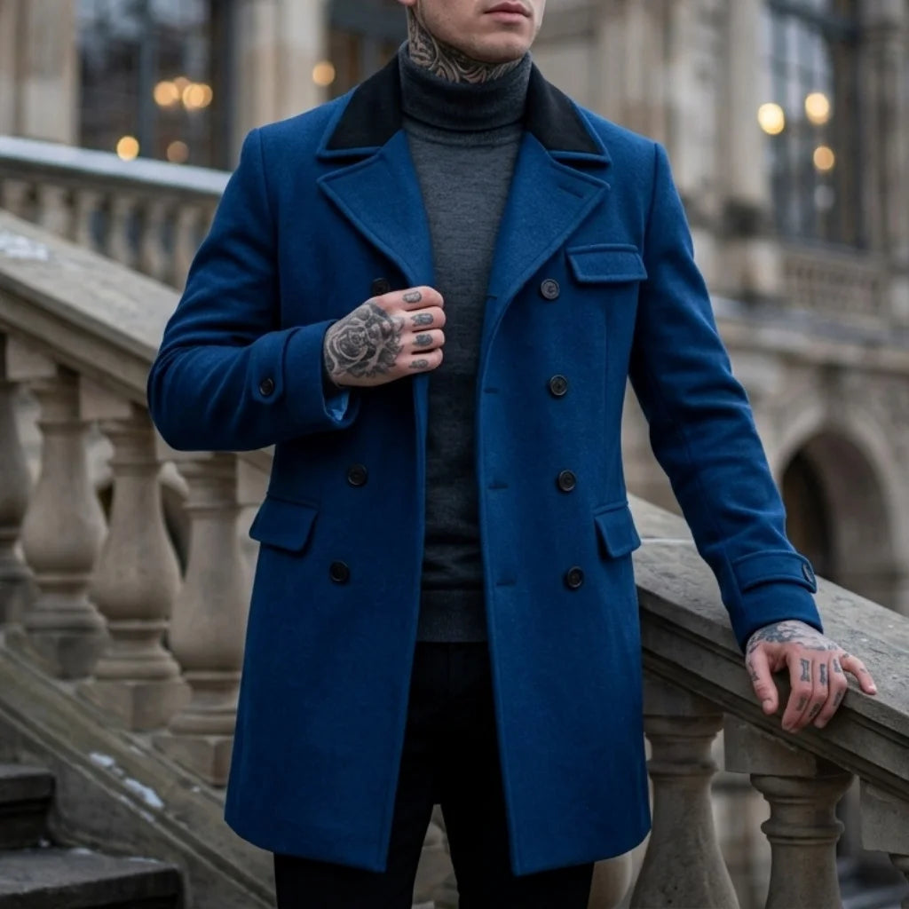2026 Neue Herren Herbst-Winter-Mantel Farbkontrast Lässiger Wollanzug-Jacke Zweireihiger Trenchcoat für Herren Winter